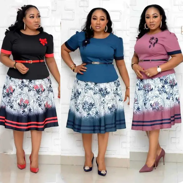 

New Fashion Women Africa Spring Autumn Half Sleeves Printing Big Hem Midi Dress Plus Size Casual Dresses With Belt