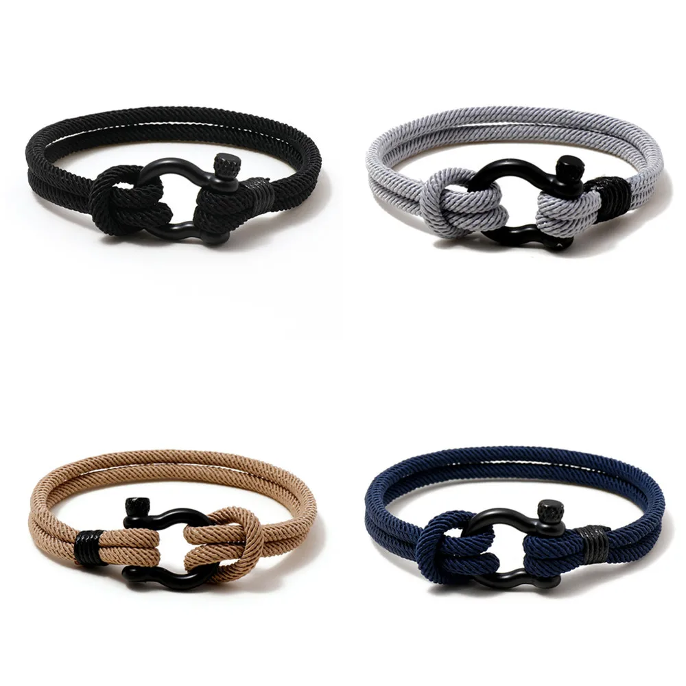 

Hot Selling Simple Hand-made Woven Bracelet Black Horseshoe Buckle Stainless Steel Couple Rope Bracelet For Men