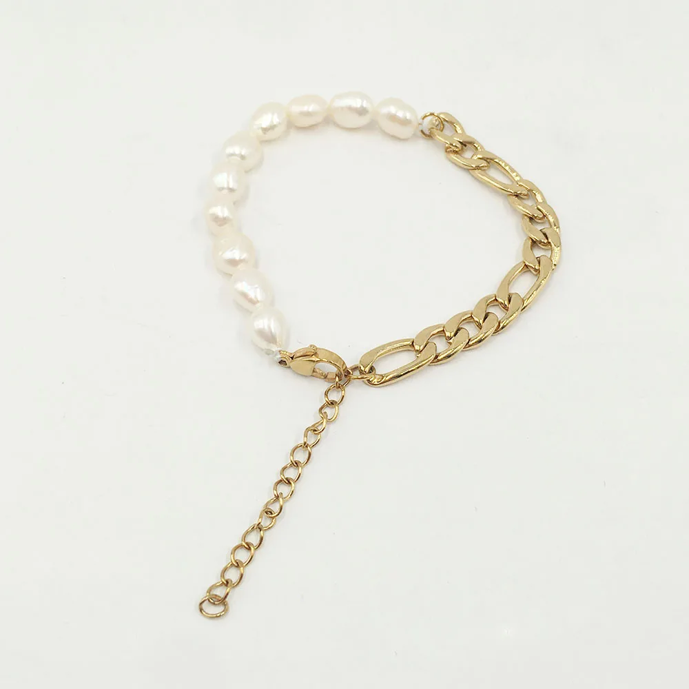 

100% nature freshwater pearl bracelet , 6.5-9.5 mm baroque pearl bracelet mixed with stainless steel chain ,18k gold plating