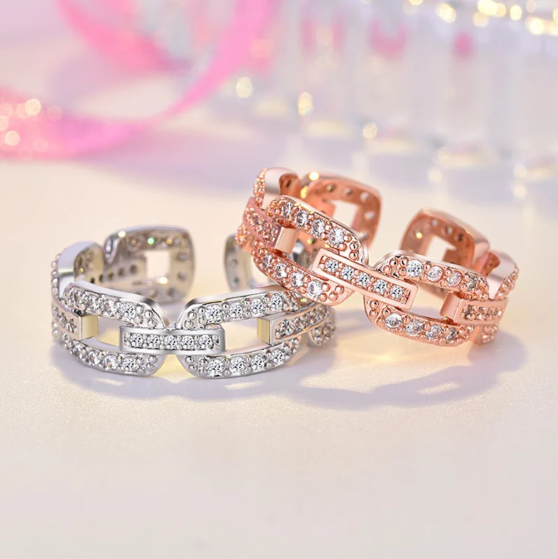 

New Style Fashion Jewelry Open Adjustable Hollow Ring Diamond Chain Ring Luxury Shiny Party Ring For Women