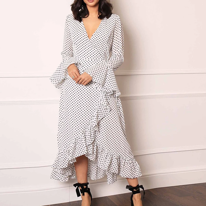 

Summer Chiffon Maxi Dot Dress With Long Sleeve Floor Length Dress For Women, As showed