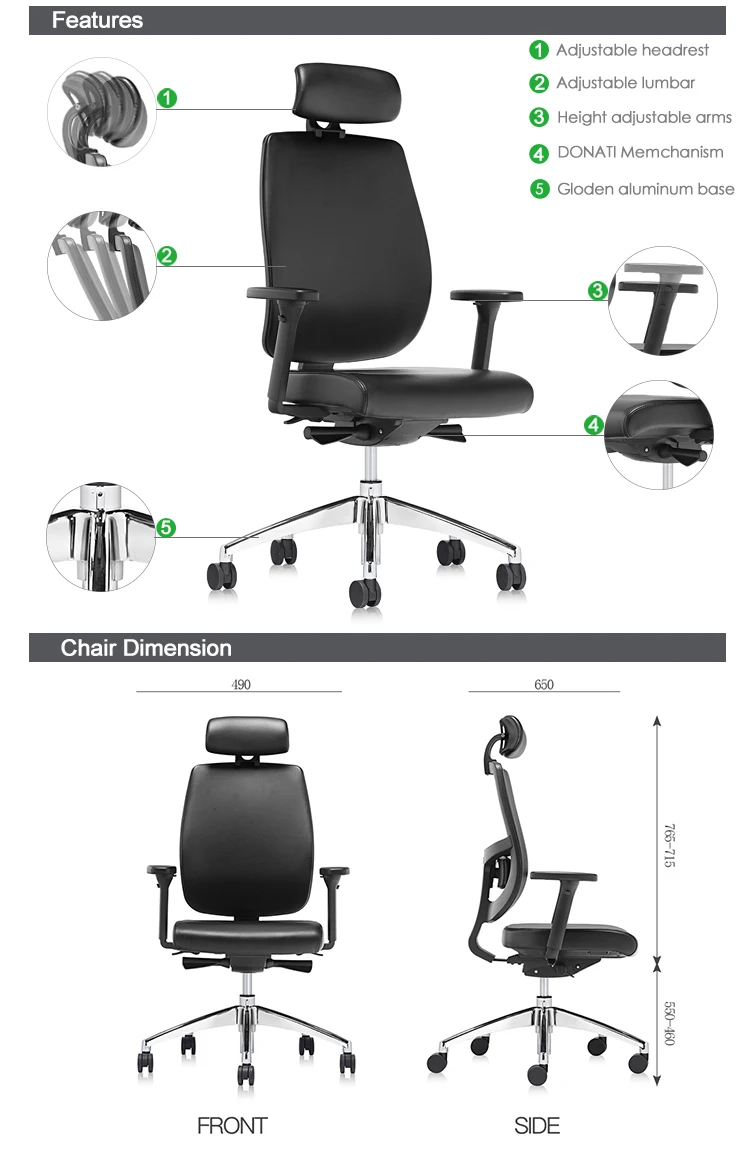 luxury black pu leather office ergonomic boss office chair with headrest