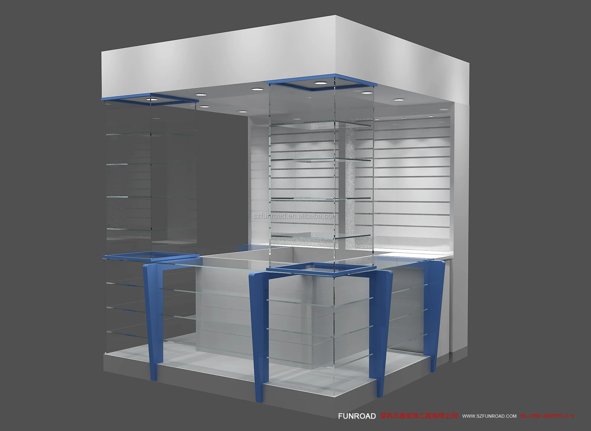 retail store display counter mall Jewelry display booth jewelry kiosk design with led light strip