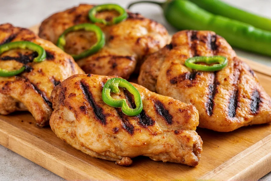 Perfectly grilled jalapeño pepper chicken with char marks and fresh jalapeño slices on wooden platter