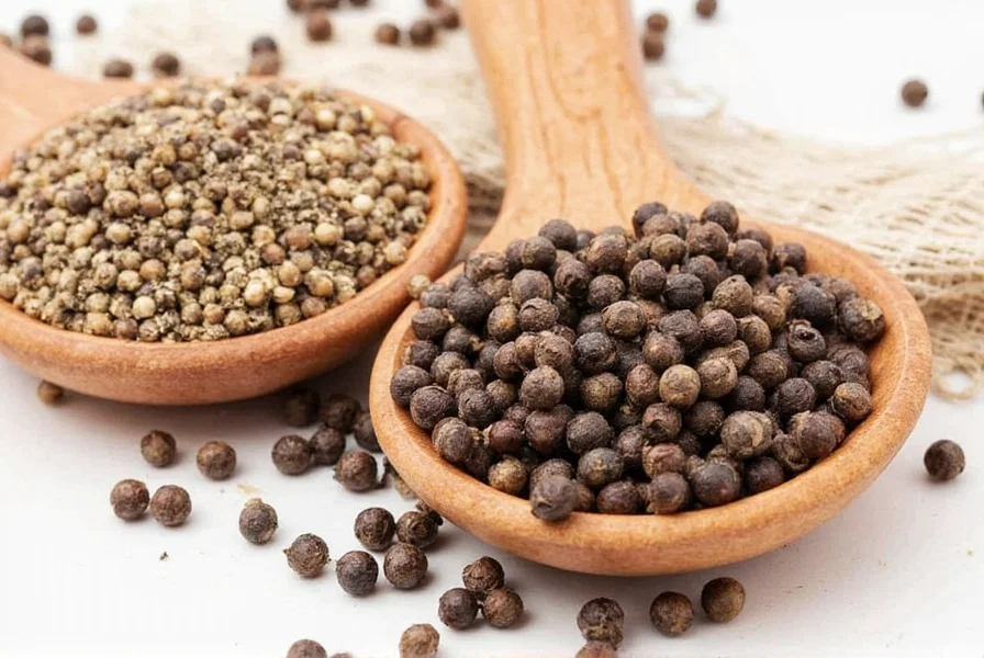 Chef seasoning dishes with both white and black pepper to demonstrate culinary applications