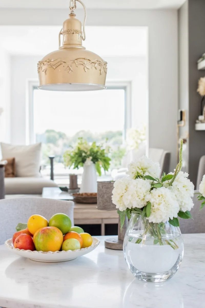 Well-lit kitchen counter with multiple family-friendly lamps arranged aesthetically