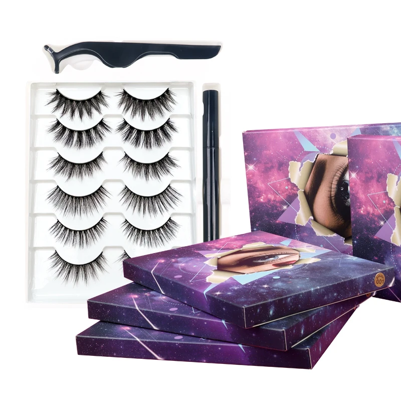 

Eyelash box 6 pairs and tweezers self adhesive eyelashes and eyeliner set eyelash