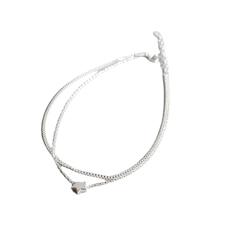 Fashion Jewelry 925 Sterling Silver Summer Anklet Double Chain Pentagram Five-pointed Star Anklets for Women