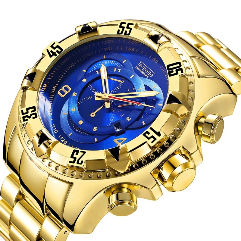 

Temeite AliExpress Hot Sell Brand Watch Male Three Eyes Luminous Large Dial Steel Belt Sports Watches Men Wrist Digital Reloj, 10-color