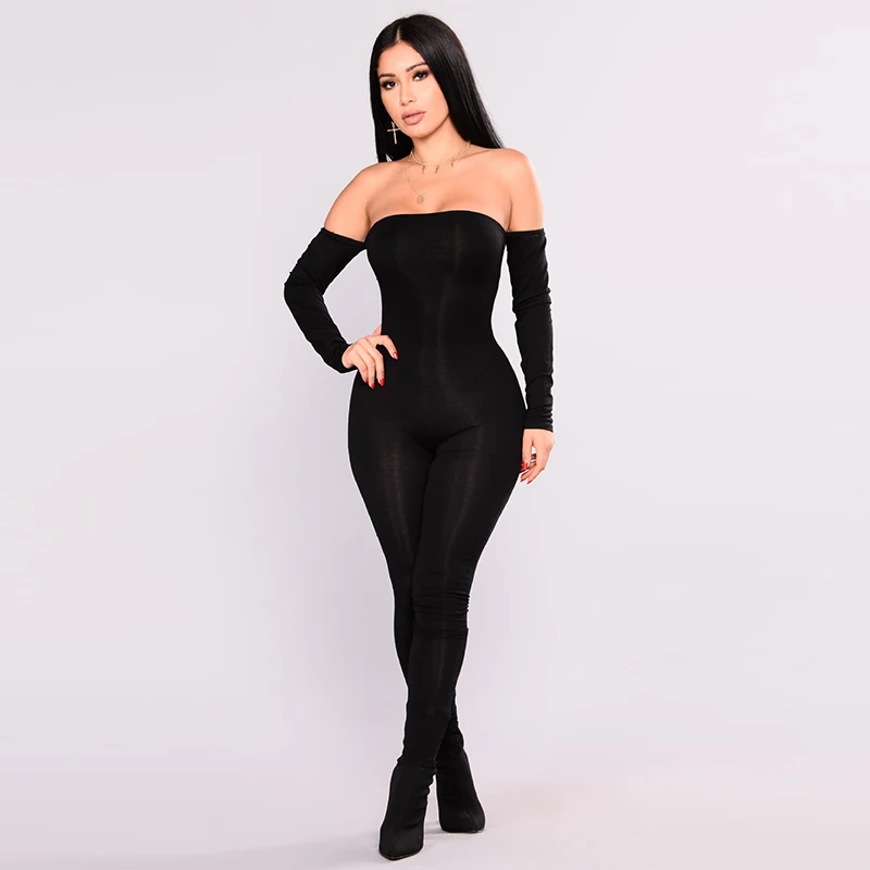 

Hot Selling Women Off Shoulder Jumpsuit Mid Waist Solid Color Long Sleeve Pants Sexy Bodycon Party Women Autumn Winter Rompers, Gray,black