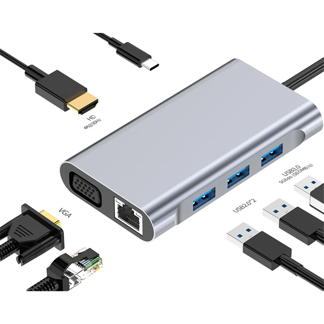 

Type C 7 in 1 hub USB3.0+USB2.0*2+USB-C PD charging +HDTV 4K HD +100mbps ethernet port +VGA USB hub Adapter