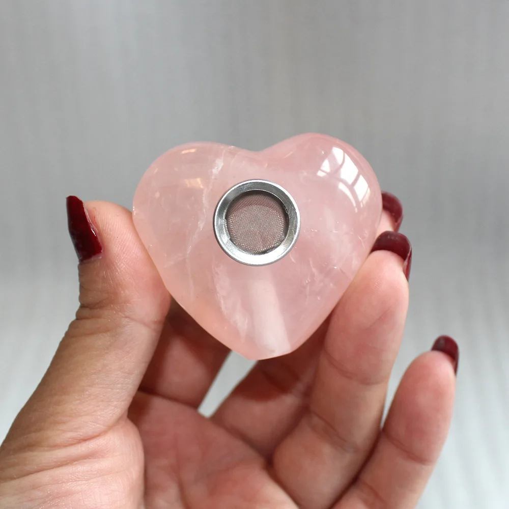 

Wholesale Custom Polished Natural Gem Crystal Heart Shape Rose Quartz Smoking Pipe, Pink/colorful