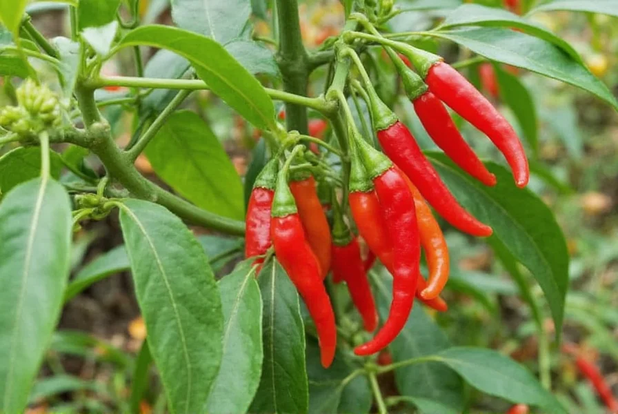 Pepper Reaper plant showing mature red peppers growing on bush with characteristic pointed tails