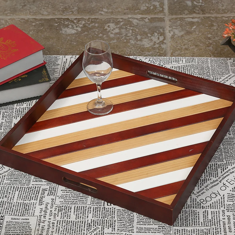 

New Design Wooden Ottoman Serving Platter Wood Trays Decorative Color Stripe Serving Tray for Merry Christmas Gift