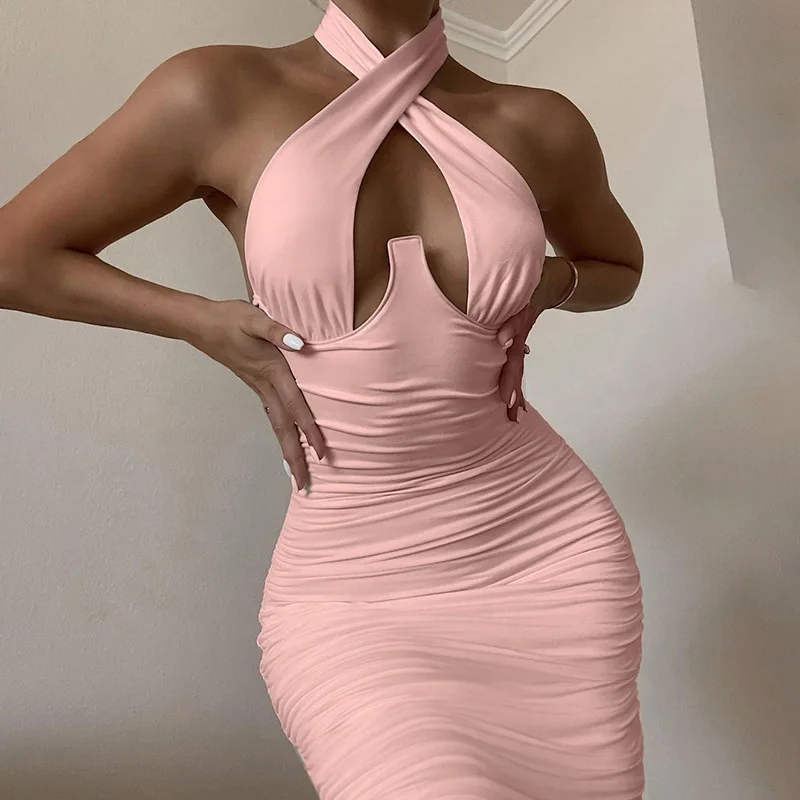 

LW In stock custom apparel with logo solid backless maxi dress women sleeveless long party halterneck pink sexy dress