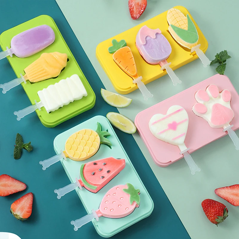 

3 Cavities Cute Cartoon Design Pink Silicone Trays Ice Cube Mold Popsicle Cream Ice Pop Maker Moulds With Lids For Kids