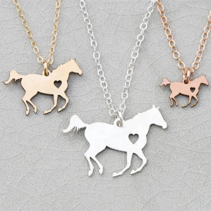 

Customized size free engrave small heart hollow silver/gold/rose gold delicate stainless steel horse necklace for wholesale