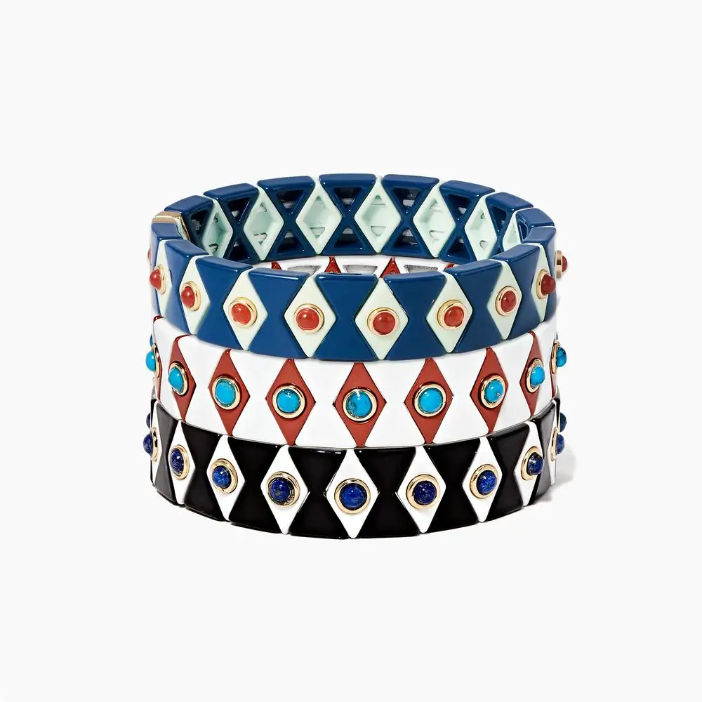 

2019 New Fashion Enamel Rainbow Argyle Shape Bracelet Metal Alloy Bead Stretchy Colorful Tile Bracelet Jewelry Gift For Women, Brown, white, pink, blue, purple