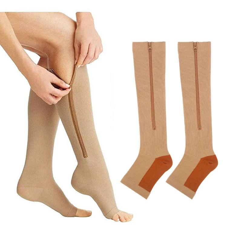 

Custom embroidery logo copper infused 20-30mmhg sport zipper knee high compression socks medical, Solid color