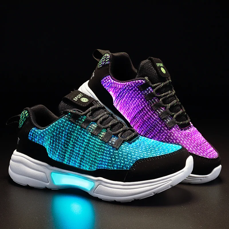 
2019 spring new flying woven fiber optic USB charging LED illuminating shoes 
