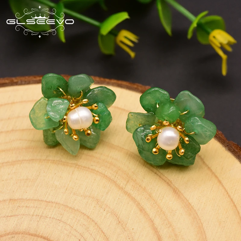 

GLSEEVO Natural Jade Pearl Stud Earrings For Women Mom Birthday Day Gift 925 Sterling Silver Flower Earring Fine Jewelry GE0780, Picture shows
