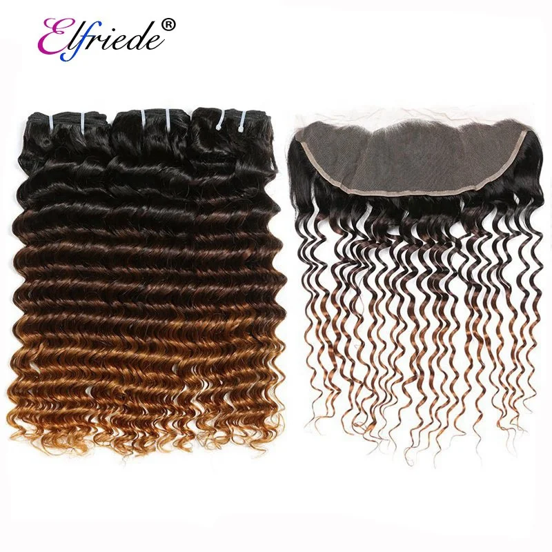 

#T 1B/4/30 Deep Wave Hair Bundles with Frontal Brazilian Remy Human Hair Weaves with 13"x4" Lace Frontal JCXT-220