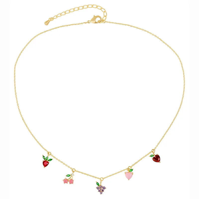 

Cute Summer Tropical Fruit Cherry Grape Apple Crystal Choker for Women Girls 18K Gold Plated Fruit Pendant Necklace