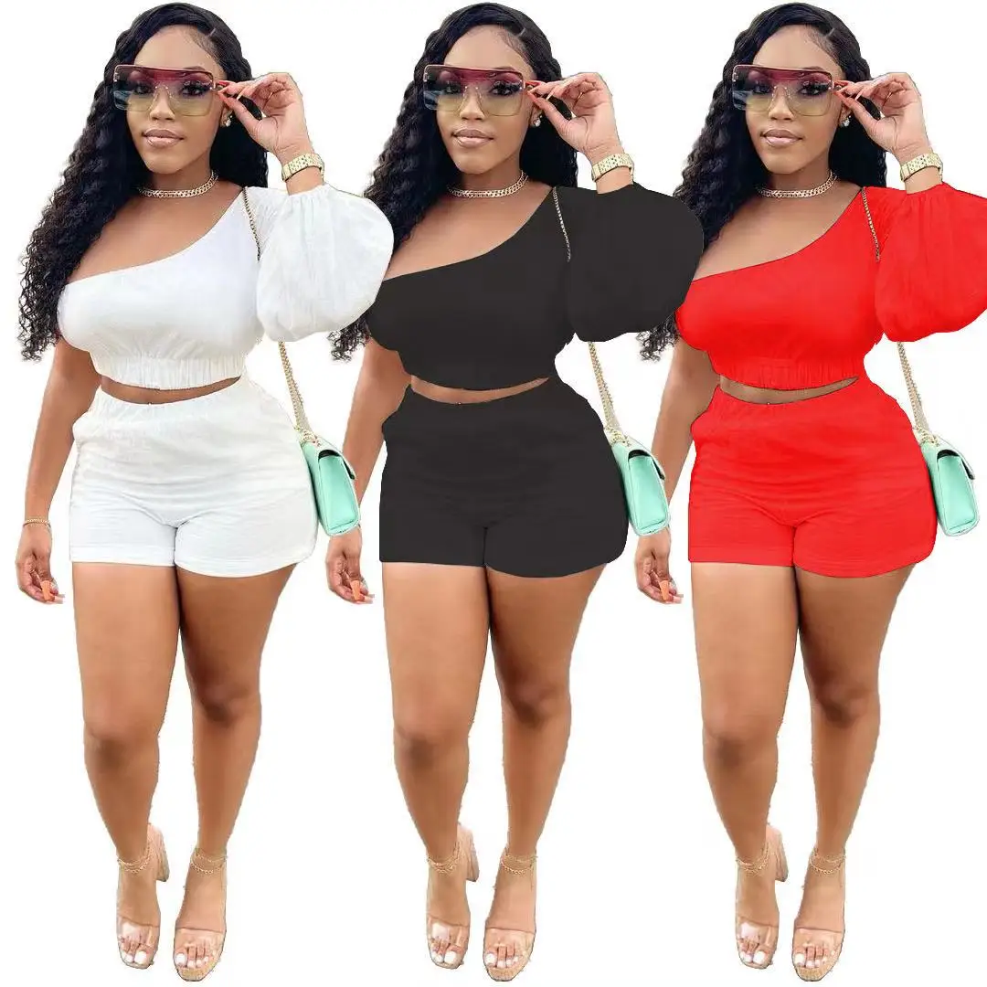 

2021 New Arrivals Fashion Women Casual One Off Shoulder Single Sleeve Crop Short Pants 2 Piece Set Outfit Tracksuit, Picture show