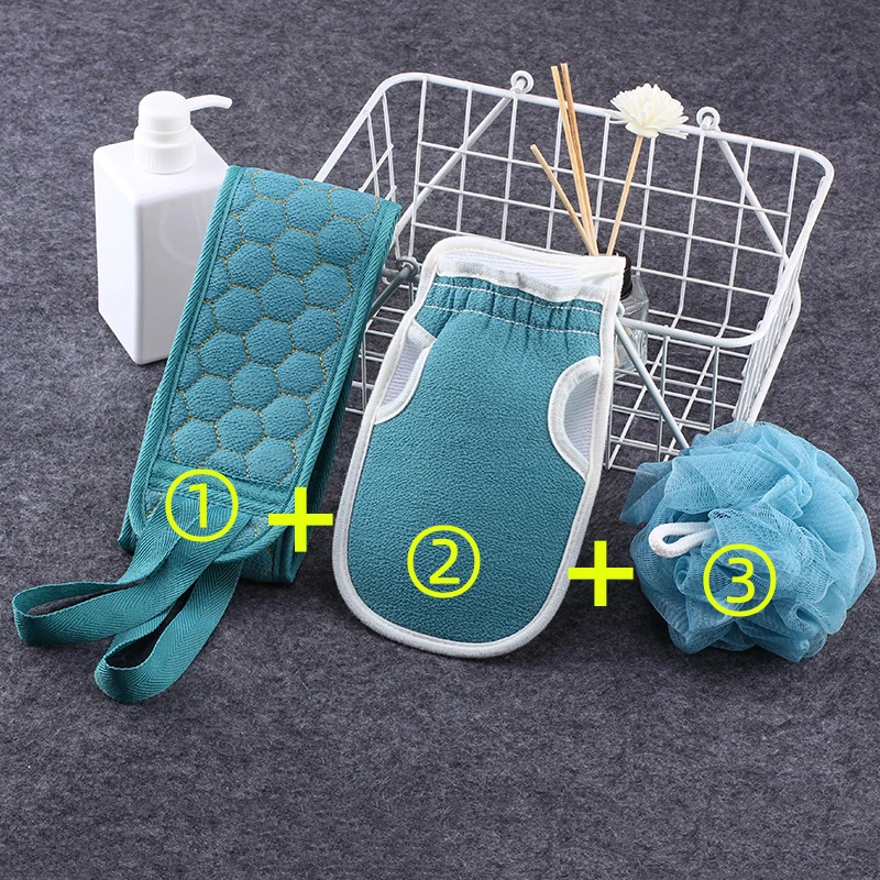 

Wholesale economical 3 Pieces suit Bath ball loofah pad thick scrub mud decontamination bath combination shower set