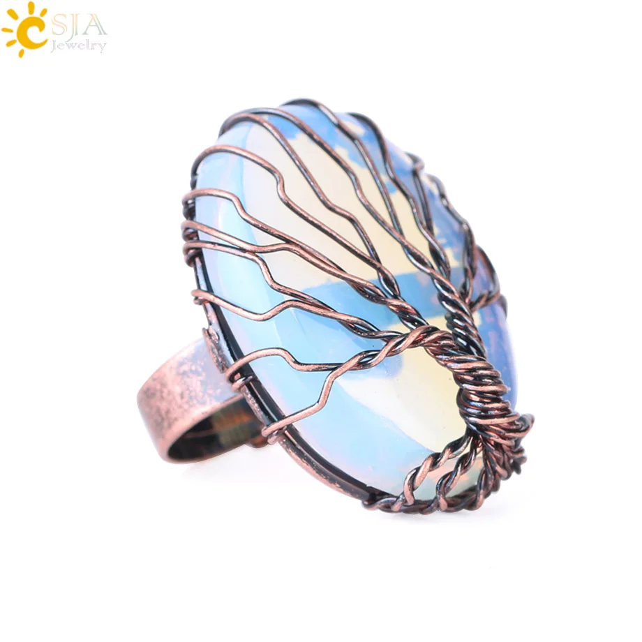 

CSJA fashion handmade antique natural opal stone crystal oval bead wire wrapped tree of life adjustable rings for women F391