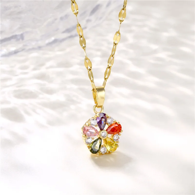 

Elegant Design Real Gold Plated Multi Color Flower Pendant Necklaces Colorful Cubic Zircon Flower Necklaces For Women