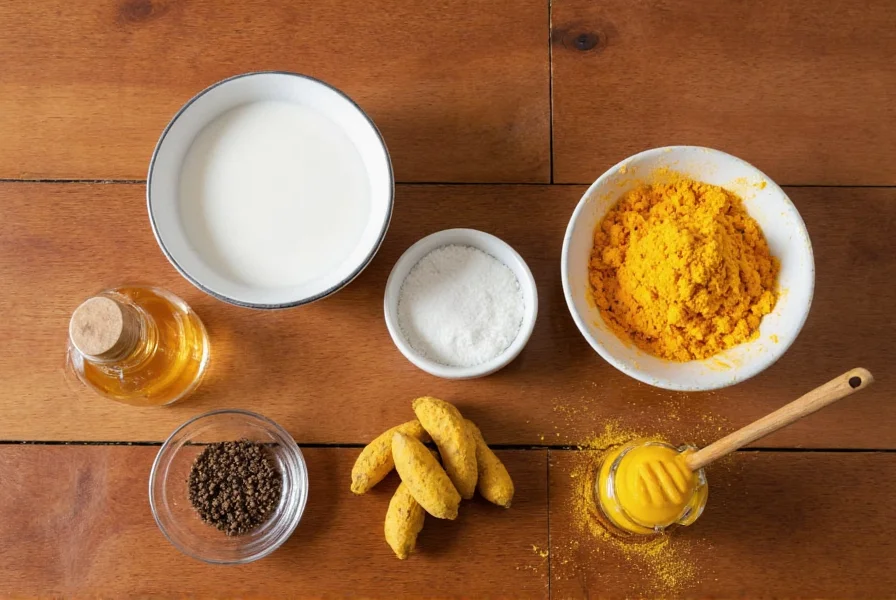 Turmeric golden milk recipe ingredients including turmeric powder, black pepper, coconut milk, and honey arranged on wooden table