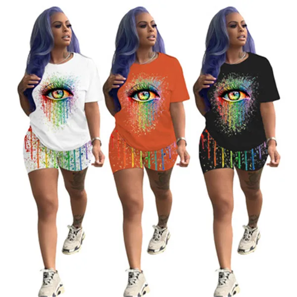

Ladies Fashion Eye Print Short Sleeve Shorts Set