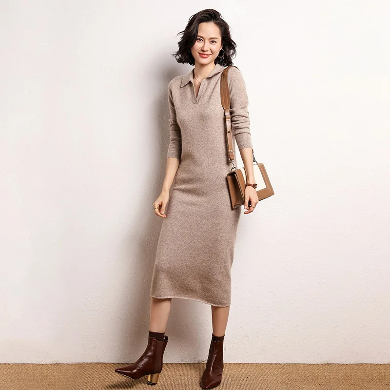 

Autumn cashmere wool blend slim sweater dress over the knee polo collar knitted bottoming shirt