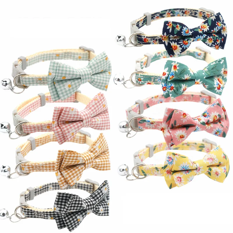 

Manufactory direct light adjustable plaid print flower cat collar with bell bowknot