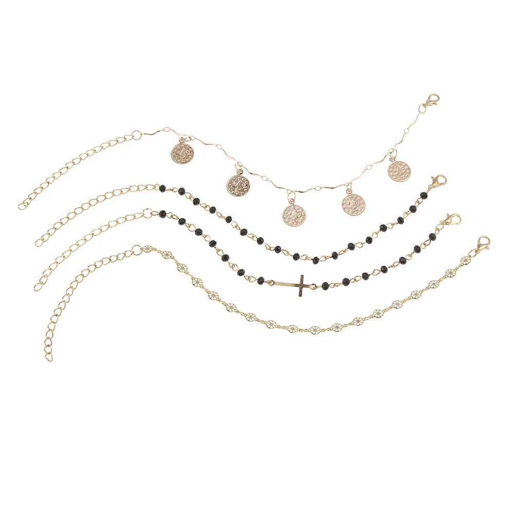 

4 Pcs/ Set Boho Bracelets Set cross medal beads Chain Multilayer Bracelet Charm Lady Gold Jewelry Gift, Picture