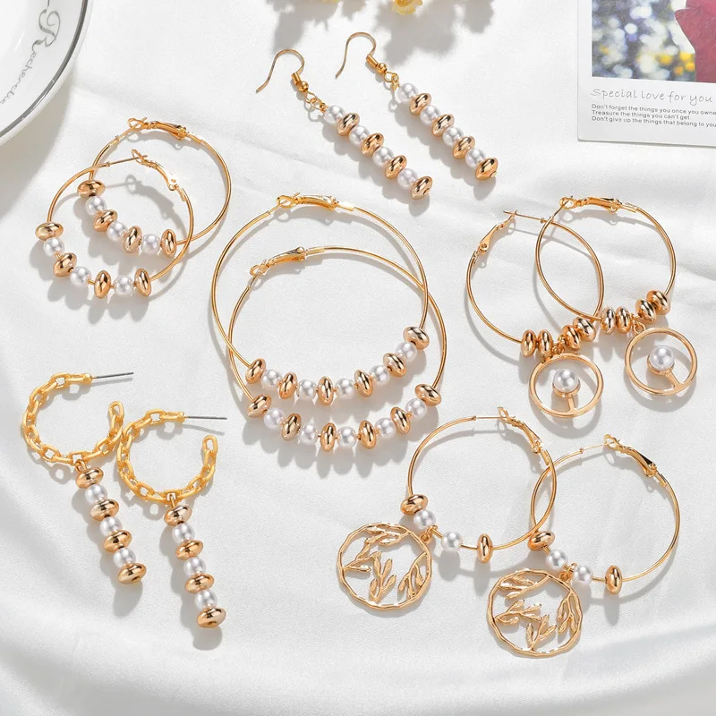 

18K Gold Plated Round Circle Large Hoop Earrings Pearl Strand Earring Pearl Beads Hoop Earrings, As pictures