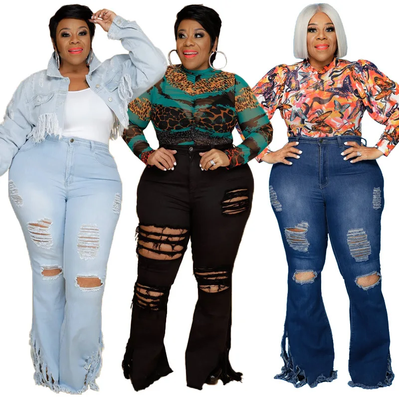 

Wholesale New Fashion Slim-Fitting Ripped Fringed Washed Flared Pants Plus Size Jeans, 5 colors
