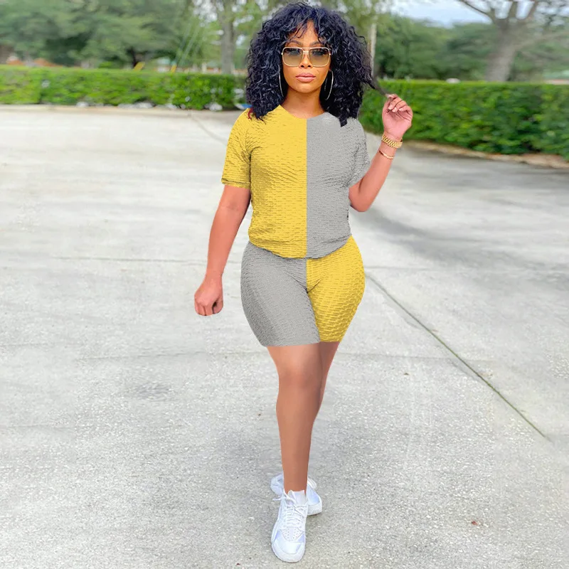 

L2114 - shorts and top fashion casual short sleeve patchwork women short pants two piece set neon clothing