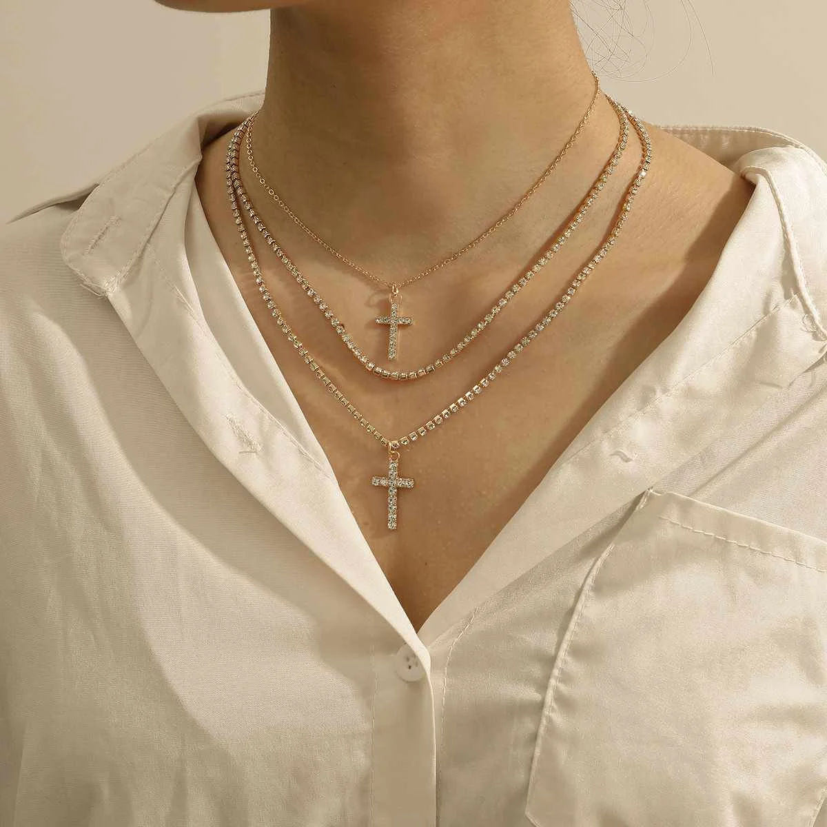 

Multi Layer Dainty Link Chain Cross Pendant Copper Rhinestone Tennis Initial Necklaces for Women Hot Selling Jewelry