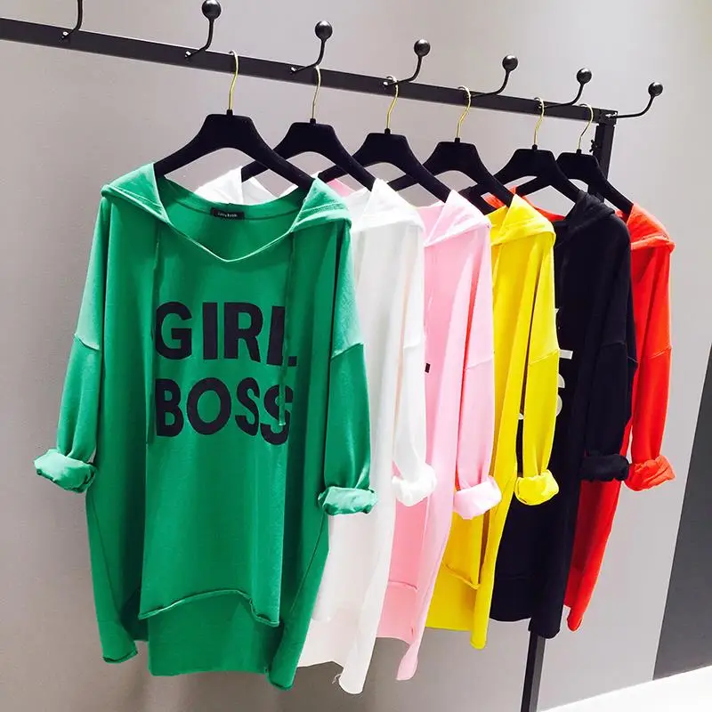 

Wholesale Custom Plus Size Simple Letter Print Hooded T-shirt Long Sleeve Women 100% Cotton Pullovers Loose Tee Tops