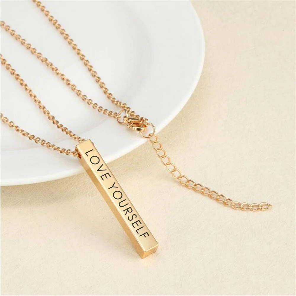 

Custom engraved logo square strip 4 sides vertical personalized bar 18k gold plated necklace stainless steel, Silver / gold / rose gold