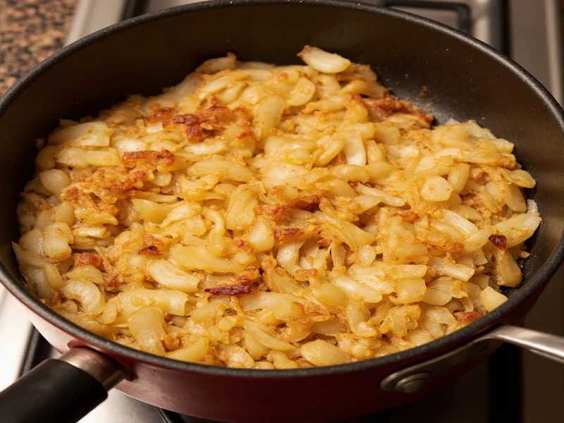 Golden caramelized onions in heavy pot for french onion soup