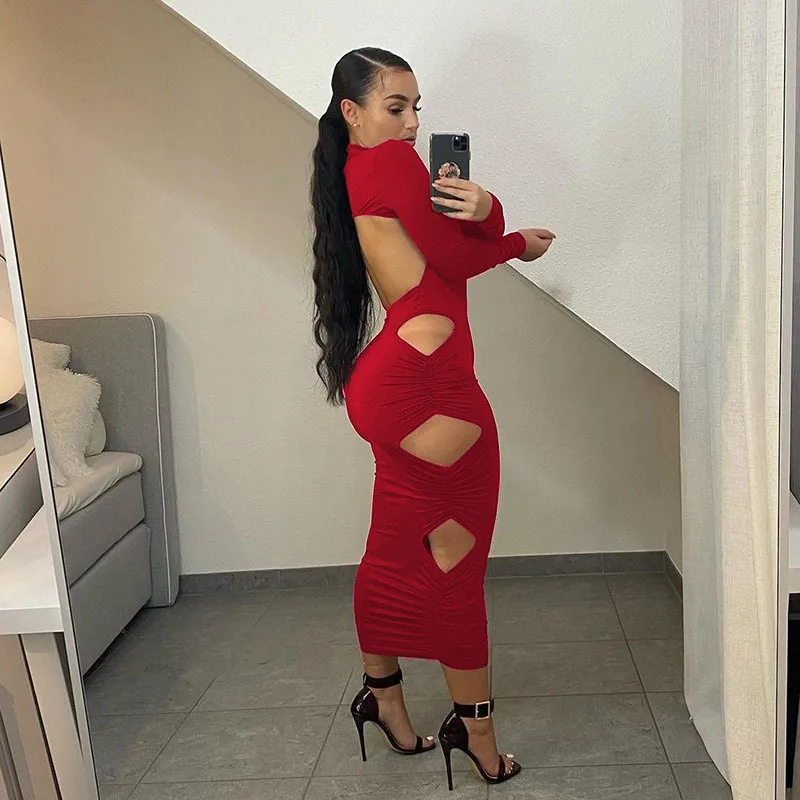

2021 Spring women new high necked long sleeve open back sexy diamond-shaped hollow dress, Customized color