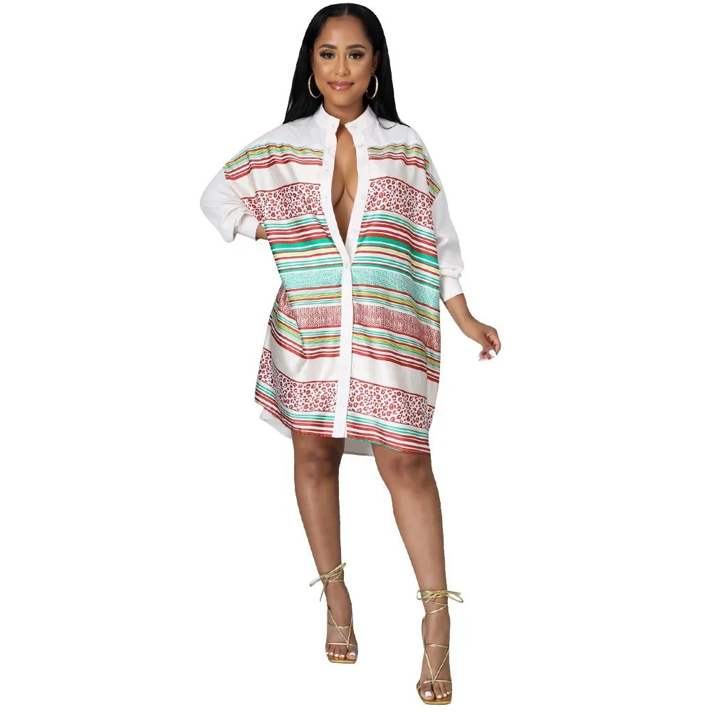 

Ladies Wears Dresses Casual Elegant Loose Long-sleeved Stripe Dress Shirt Casual