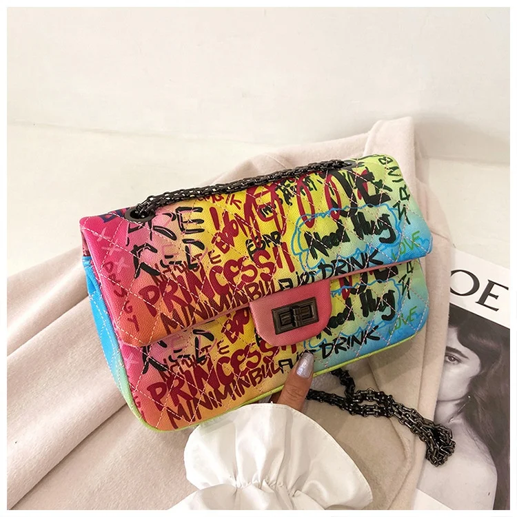 

INS Hot Spring Summer Jelly Luxury Designer Chain Graffiti Colorful Art Printed Crossbody Shoulder Rainbow Fashion Women Handbag, 3 colors