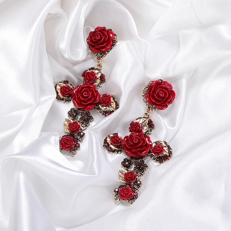 

HOVANCI New Design Women Jewelry Rose Flower Cross Dangle Earrings Stylish Gold Plated Crystal Cross Rose Flower Drop Earrings, As picture