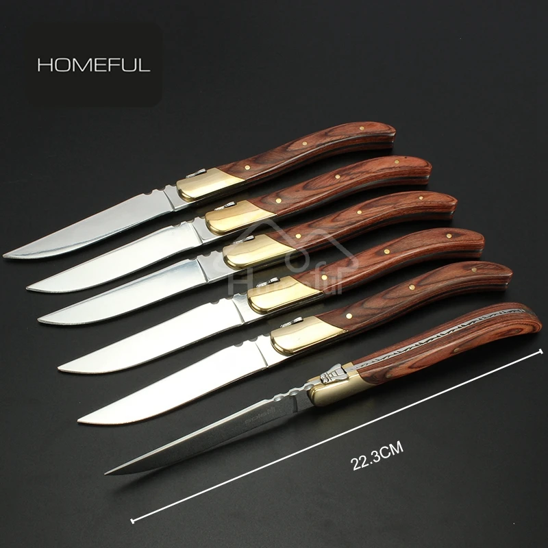 

Stocked feature premium 6 pcs stainless steel steak knife set with pakka wood and brass bolster handle