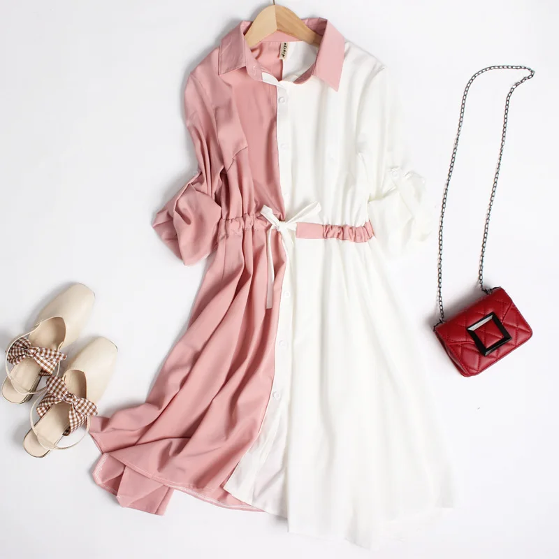 

2020 New Ladys Dress Polo Collar Breasted Lace-Up Waist Slimming Design Irregular Dress Casual Dresses