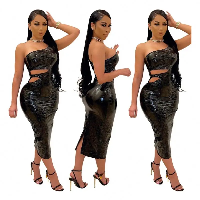 

Hot selling clubwear sexy off the shoulder dresses hollow out bodycon tight black slit midi PU leather dress